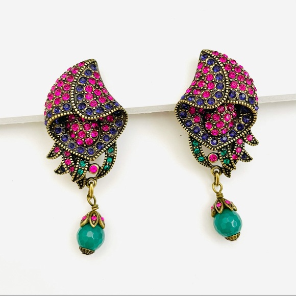 💜 NEW Heidi Daus Crystal Antique Brass Clip On Earrings